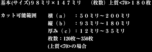 基本	(サイズ)９８ミリ×１４７ミリ	（枚数）上質<70>１８０枚カット可能範囲横（ａ）　：５０ミリ～２００ミリ 縦（ｂ）　：９３ミリ～１８０ミリ 厚み（ｃ）：１２ミリ～３５ミリ 枚数：120枚～350枚 (上質<70>の場合