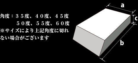 角度：３５度、４０度、４５度 ５０度、５５度、６０度 ※サイズにより上記角度に切れない場合がございます